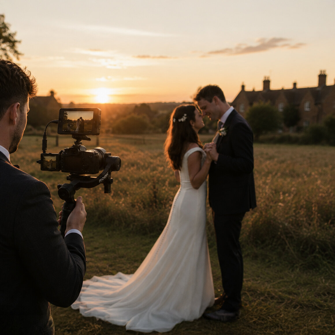 Ed Bray filming a couple at golden hour, Cambridge wedding videographer
